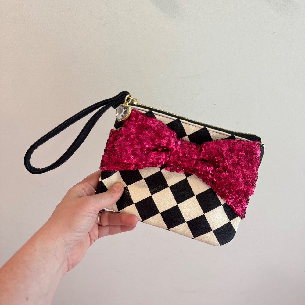 Betsey Johnson Checkered Wristlet Pink Sequin Bow Heart Charm Clutch Bag